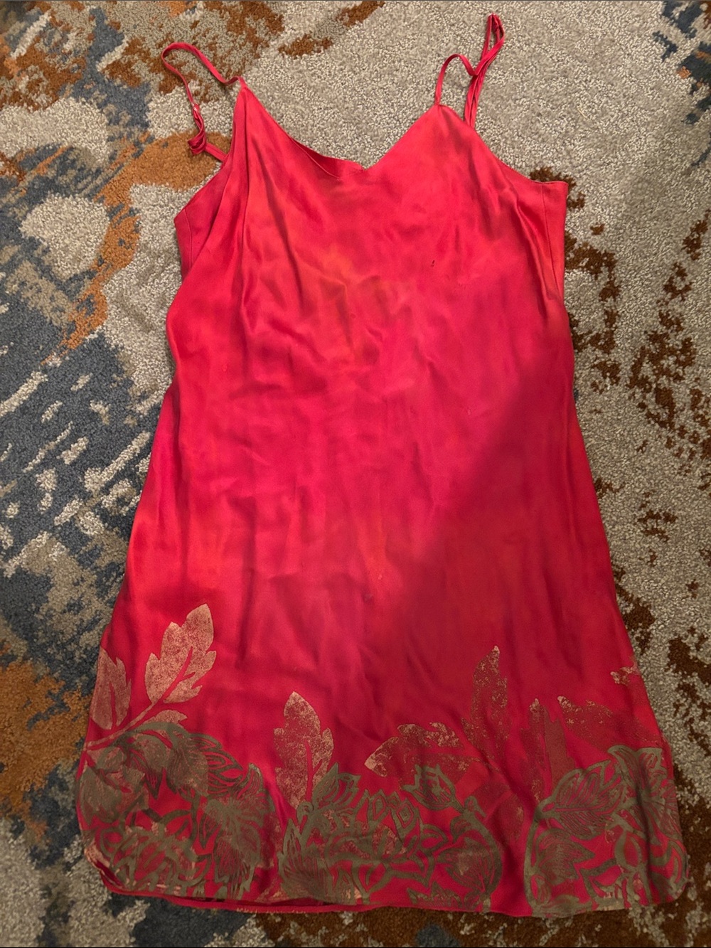 I e handmade 100% silk Red Slip Dress with Gold Leaf Border